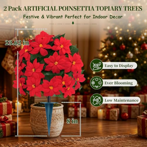 Grooy 2 Pack Christmas Artificial Topiary Balls with Poinsettia Flowers Outdoor