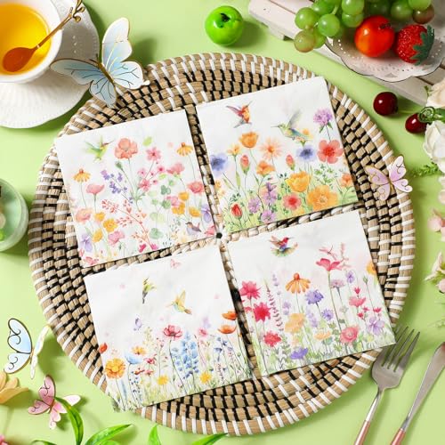 Fulmoon 200 Pcs Pastel Wildflower Cocktail Napkins - Hummingbird Design, 5-inch Disposable Party Paper Towels
