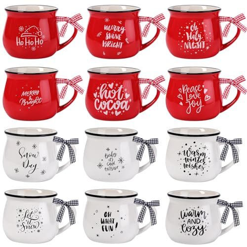 Zubebe 12-Piece Christmas Coffee Mug Set 12 oz Red & White Holiday Ceramic Cups