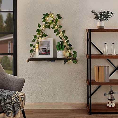 2-Pack Triangular Floating Wall Shelves with LED Lights and Ivy