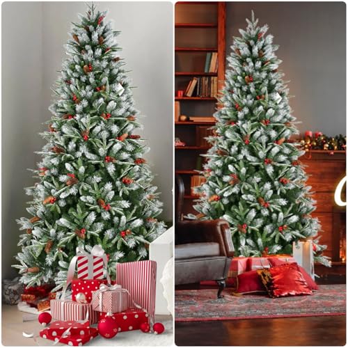 Trygoal 5FT Artificial Christmas Tree with Snow-Dusted Tips, Red Berries & Pine Cones, Pre-Decorated, Green, Hinged Stand