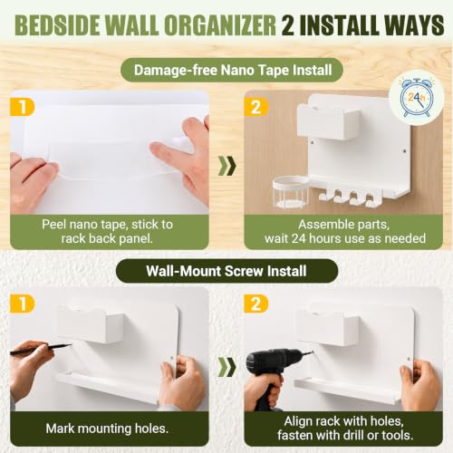 Floating Bedside Wall Shelf Metal Organizer with Cup Holder