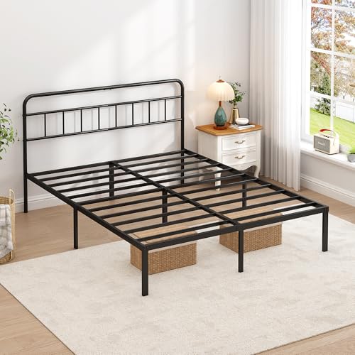 Queen Size Metal Bed Frame with Classic Headboard and Under-Bed Storage