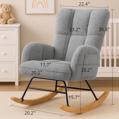 Teddy Fabric Nursery Rocking Chair with Side Pockets and High Backrest