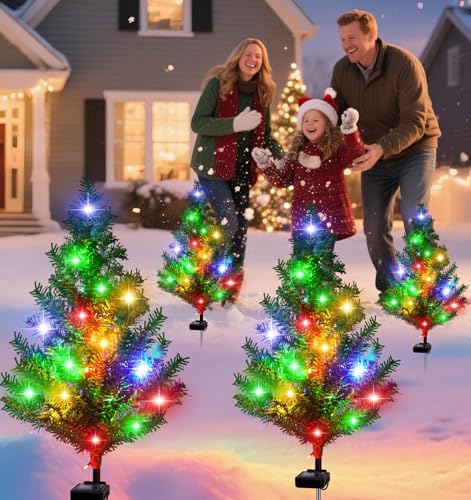 Ostritec Christmas Tree 4 Pack Outdoor Solar Garden Stake Lights Multi-Color LED