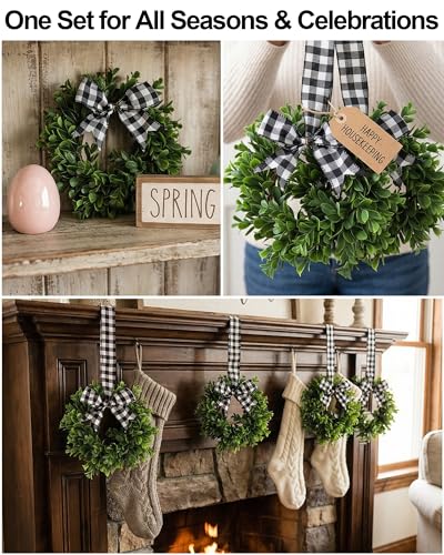 Green Mini Artificial Boxwood Wreaths Set of 6, 9-Inch Farmhouse Decor
