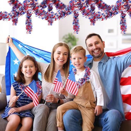 Patriotic Red White & Blue Tinsel Garland with American Flags - 4 Pack