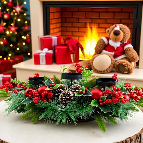 28" Christmas Triple Candelabrum Centerpiece with Berries & Pine Cones
