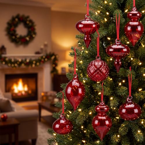 Hungdao 14pcs Vintage Red Glass Christmas Ornaments - Satin Ribbon Hangers