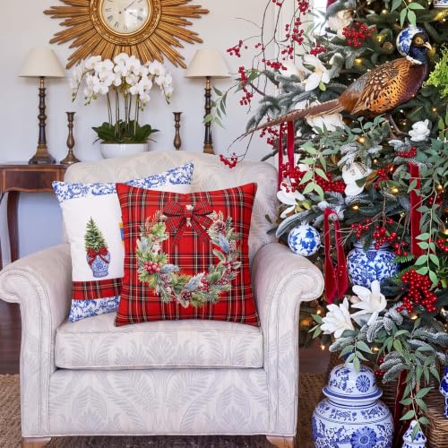 Tingjoo 18x18 Inch Christmas Pillow Covers Set - Tartan Plaid & Chinoiserie Holiday Cushions