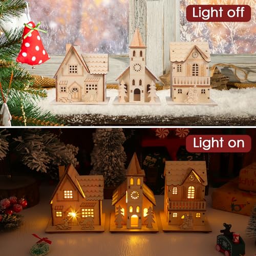 3-Piece LED Light-Up Wooden Christmas Village Houses - Holiday Decor