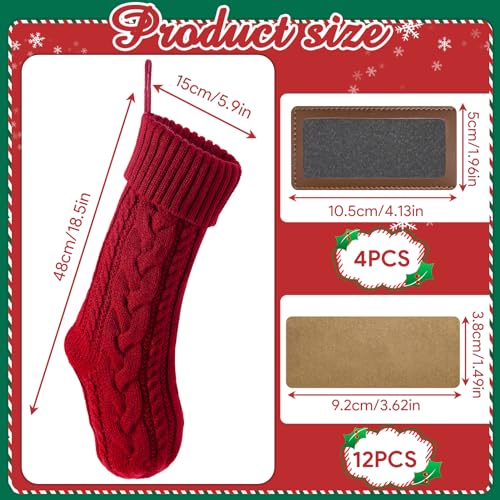 Green Personalized Christmas Stocking - 18.5” Knitted Family Holiday Decor with Leather Patches, Set of 4