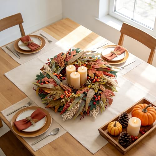 20-Inch Artificial Fall Wreath with Maple Leaves and Berries for Front Door
