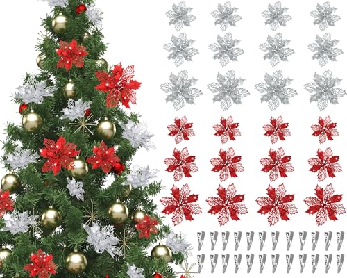Boao 24 Pcs Red and Silver Christmas Artificial Poinsettia Flowers - Holiday Decor
