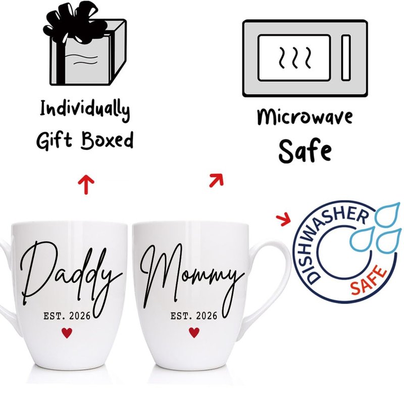 VLUG EST 2026 New Daddy & Mommy Mugs Set of 2 Gift for New Parents, First Time 2026 Dad Mom Gifts, Mothers Day Fathers Day Gift, Prospective Parents Mugs, Baby Reveal Mug