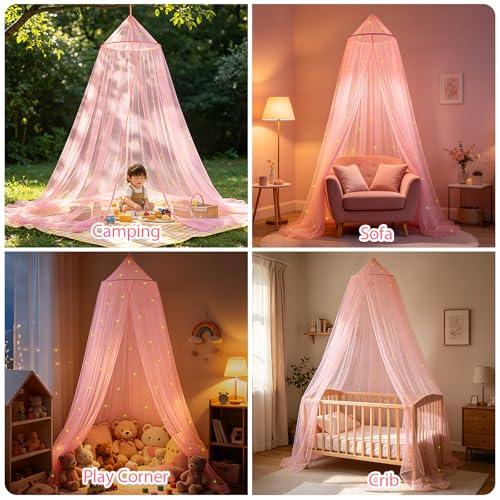 Glow-in-the-Dark Stars Pink Bed Canopy - Princess Netting for Kids Bed