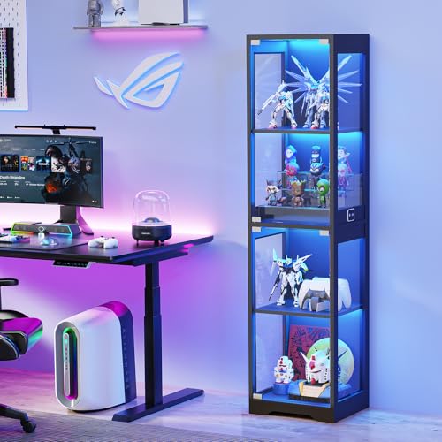 4-Tier Glass Display Cabinet with 3-Color LED Lights & Motion Sensor