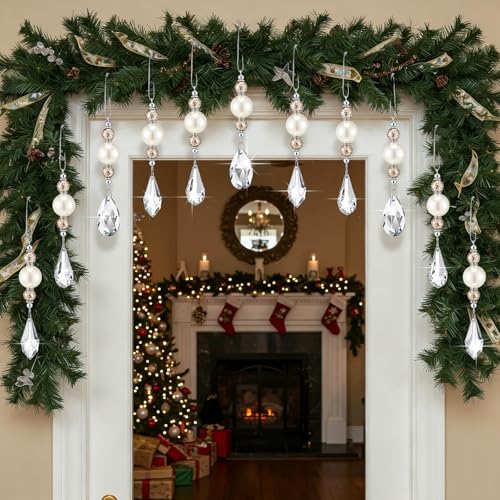 Champagne Gold Pearl & Crystal Drop Ornaments - 12 Pcs Christmas Tree Decorations