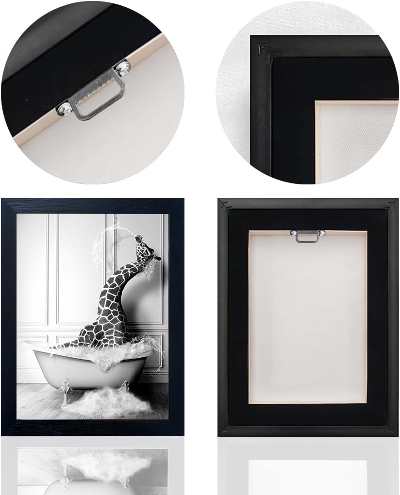 Skiennix Black and White Giraffe in Bathtub Canvas Print - Funny Animal Wall Art for Kids' Bathroom Decor