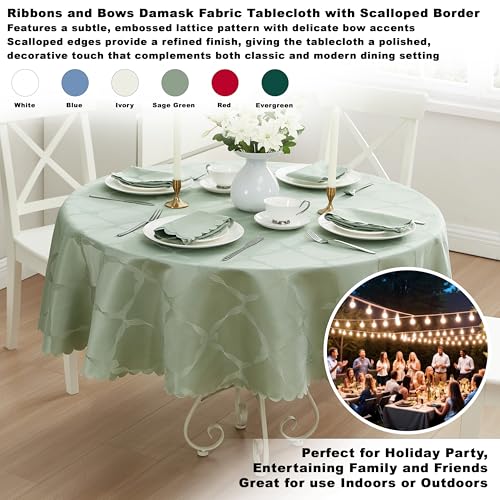 Newbridge 70" Round Sage Green Ribbons & Bows Damask Tablecloth