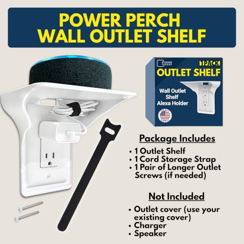Power Perch Wall Outlet Shelf with Cord Storage Strap - Single Pack, White
