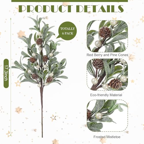 Solsew 6 Pcs Christmas Artificial Mistletoe Picks with White Berries, 17.3 Inches