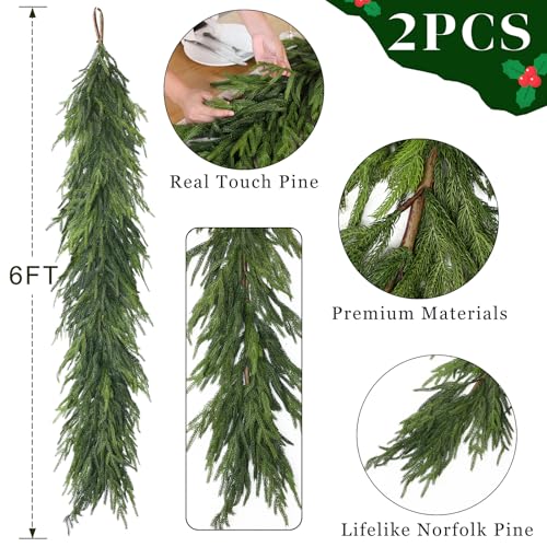 2PCS 6FT Lifelike Norfolk Pine Garland for Christmas Home Decor - Fake Holiday Wreath