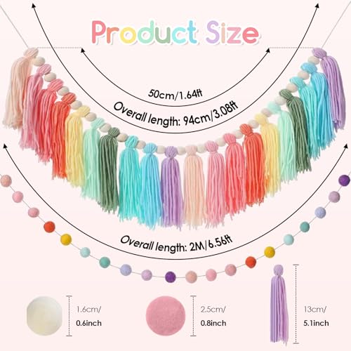Boho Felt Pom Pom Tassel Garland - Colorful 6.5ft Wall Hanging Decor