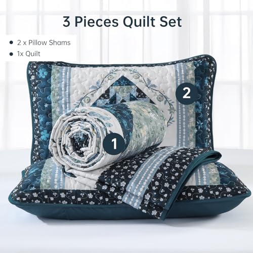King Size Patchwork Quilt Set, Navy Blue Floral Bedspread - 3 Pieces