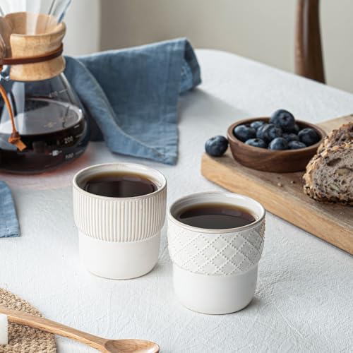 MIKIGEY Espresso Cups Set of 2 - 4oz Mini Coffee Mugs with Stripes & Checks, Dishwasher & Microwave Safe, Farmhouse Decor