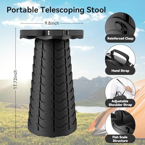Portable Folding Stool, Telescoping Collapsible Seat - 485lb Capacity, Black
