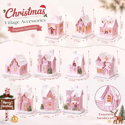 Soaoo 10 Pcs Christmas Village Houses with Figurines – Pink LED Lighted Mini Village Set