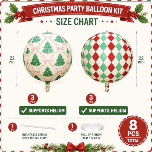 Green Christmas Balloons Set with 4D Foil Balloons, Retro Red & Green Argyle & Tree Pattern, Pink Bow, 22 Inch - Holiday Party Decorations