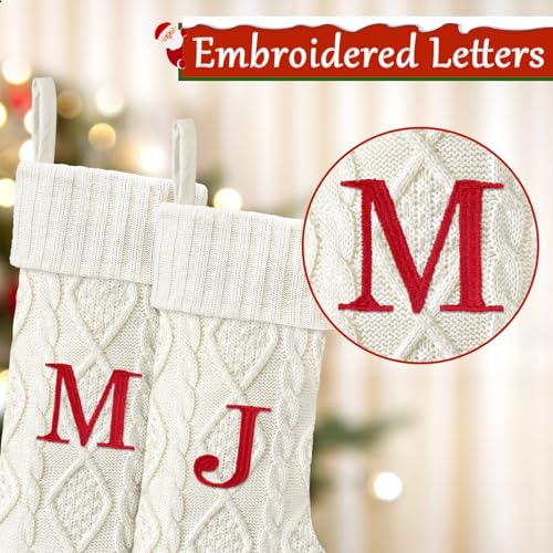 Yoochee 21 Inch White Knitted Christmas Stocking with Initials - Monogram Letter-M, Large Personalised Xmas Decoration