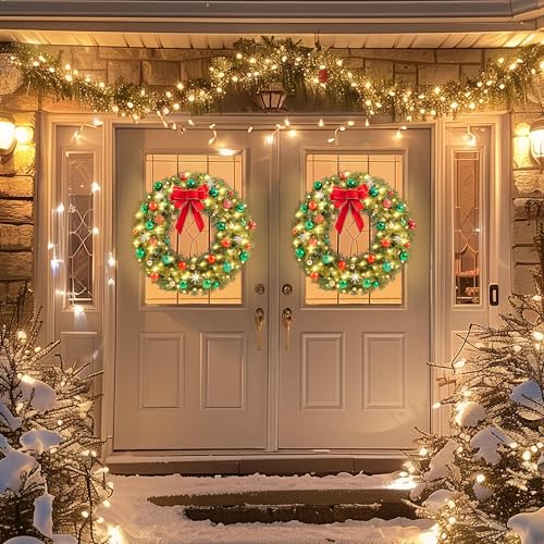 Yaheetech 30in Artificial Christmas Wreath with Pre-lit LED Lights & Red Bow - Holiday Decor