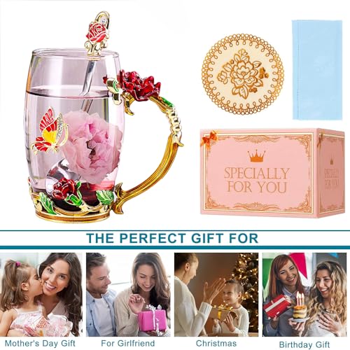DasyFly Rose Red Enamel Butterfly Flower Tea Mug - Elegant Gift for Women
