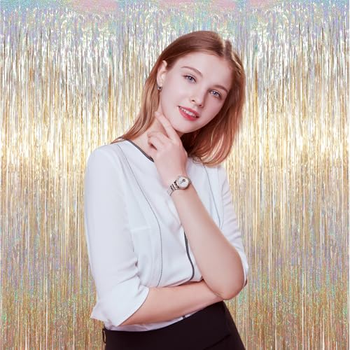 Champagne Foil Fringe Backdrop Curtains - 3-Pack Tinsel Party Streamers
