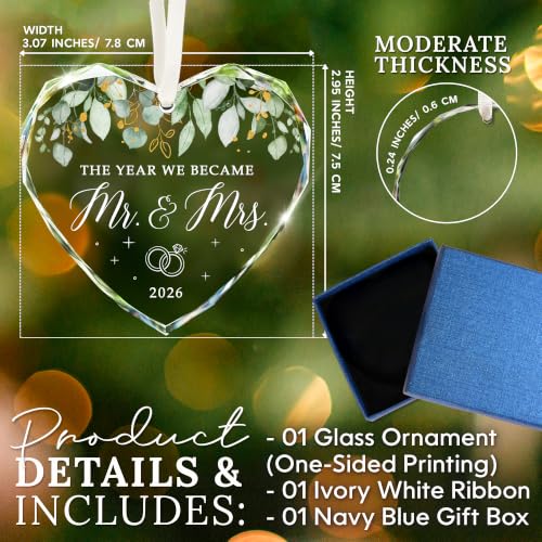Mr & Mrs 2026 Heart Glass Ornament - Newlywed Wedding Gift Keepsake