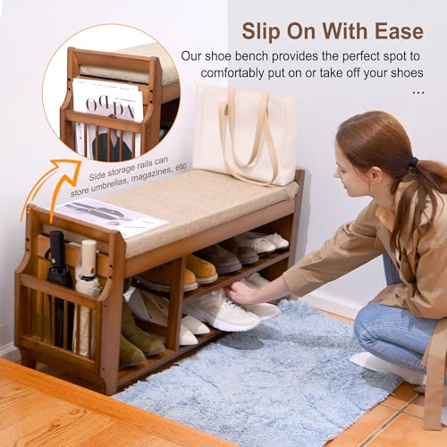 Bamboo Shoe Storage Bench with Hidden Drawer, Cushion, and Side Holder