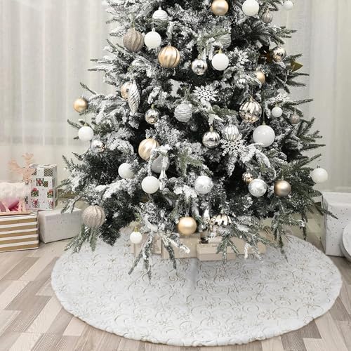 AtiMing White-Gold Sequin Christmas Tree Skirt 48 Inch Fur Holiday Decor