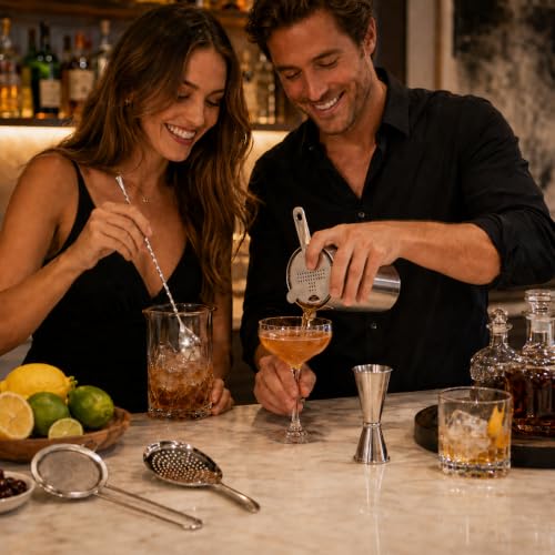 TheBarsentials 5-Piece Stainless Steel Cocktail Strainer Set with Stirring Spoon - Hawthorne, Julep, Fine Mesh & Jigger