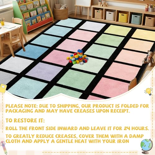 Large Pastel Squares Classroom Rug, 7.6x12 ft Washable Educational Area Mat