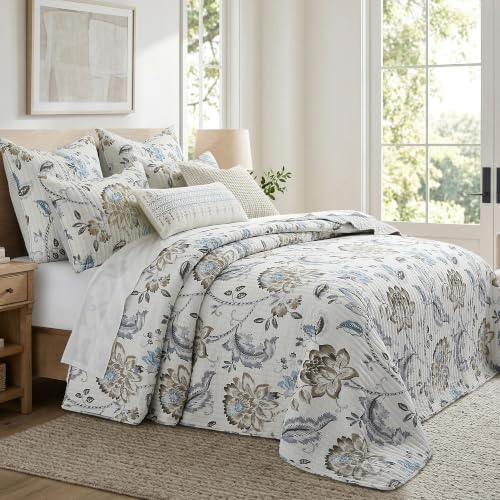 King Bedspread Set with Floral Design & Reversible Shams - Cotton