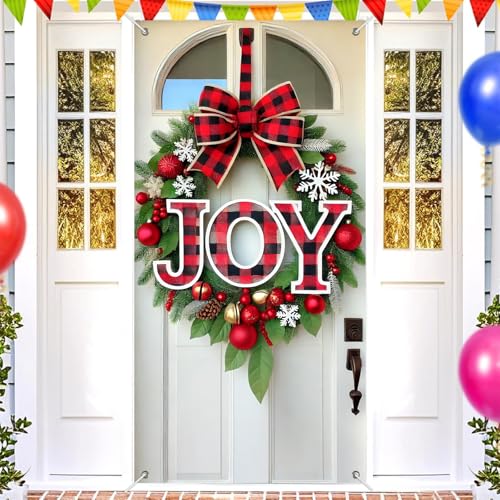Christmas Door Cover Bow Buffalo Plaid 35x71 Inch Polyester Decor