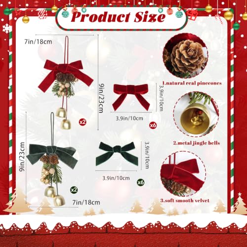 RECUTMS 16Pcs Velvet Christmas Bell & Velvet Bow Ornaments Set – Red & Green