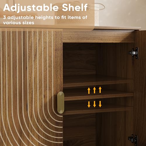 Walnut Wood Sideboard Cabinet with Adjustable Shelf and Line Groove Design