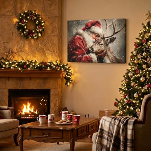 Vintage Santa and Reindeer Christmas Wall Art Canvas Print 16x12in Framed
