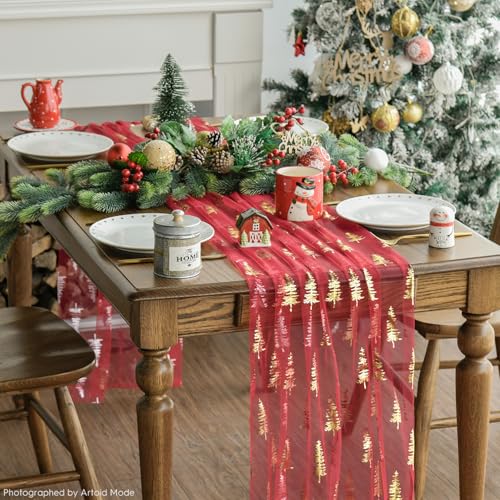 3PCS Red Gold Christmas Tree Gauze Table Runner 28 x 120 Inch Seasonal Holiday Decor