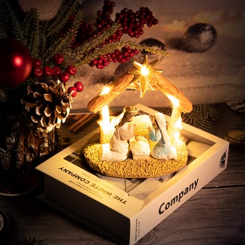 Lighted Nativity Scene Set, Hand-Painted Christmas Manger Figurine Display