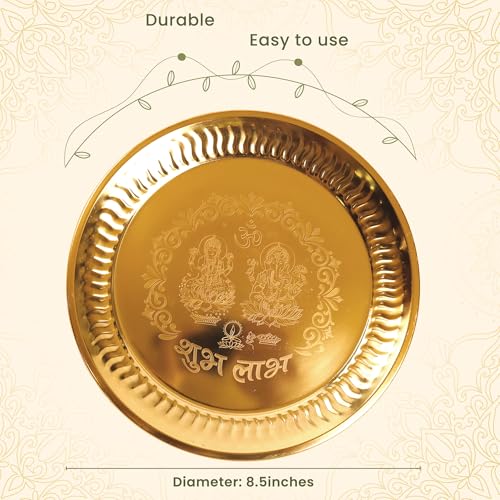 Brass Pooja Thali Set with Accessories - 8.5 Inch Gold Finish Ritual Plate